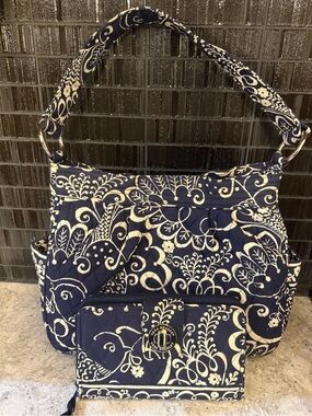 Vera Bradley Hobo Bag w/ Matching Turnlock Wallet — Twirly Birds (reversible)